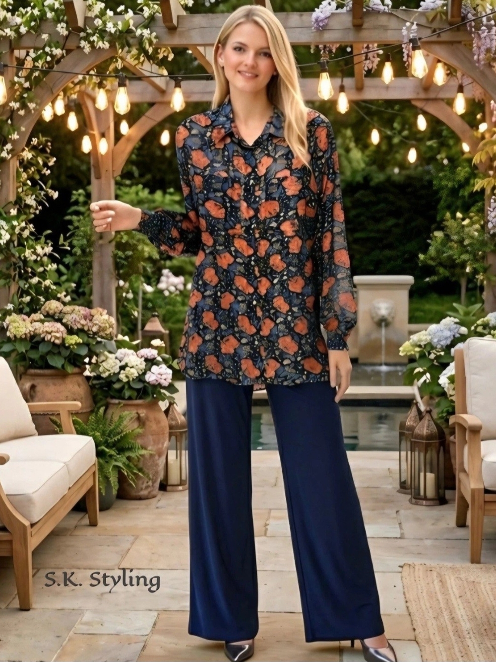 Lizsport Vintage 90s Sheer Navy Floral Button Up Tunic Blouse L XL Boho Chic